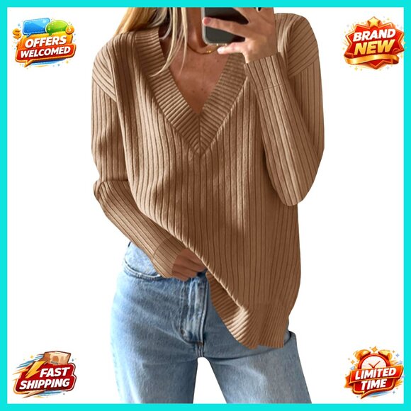 Oversized V-Neck Ribbed Knit Sweater Long Sleeve Pullover Side Slit